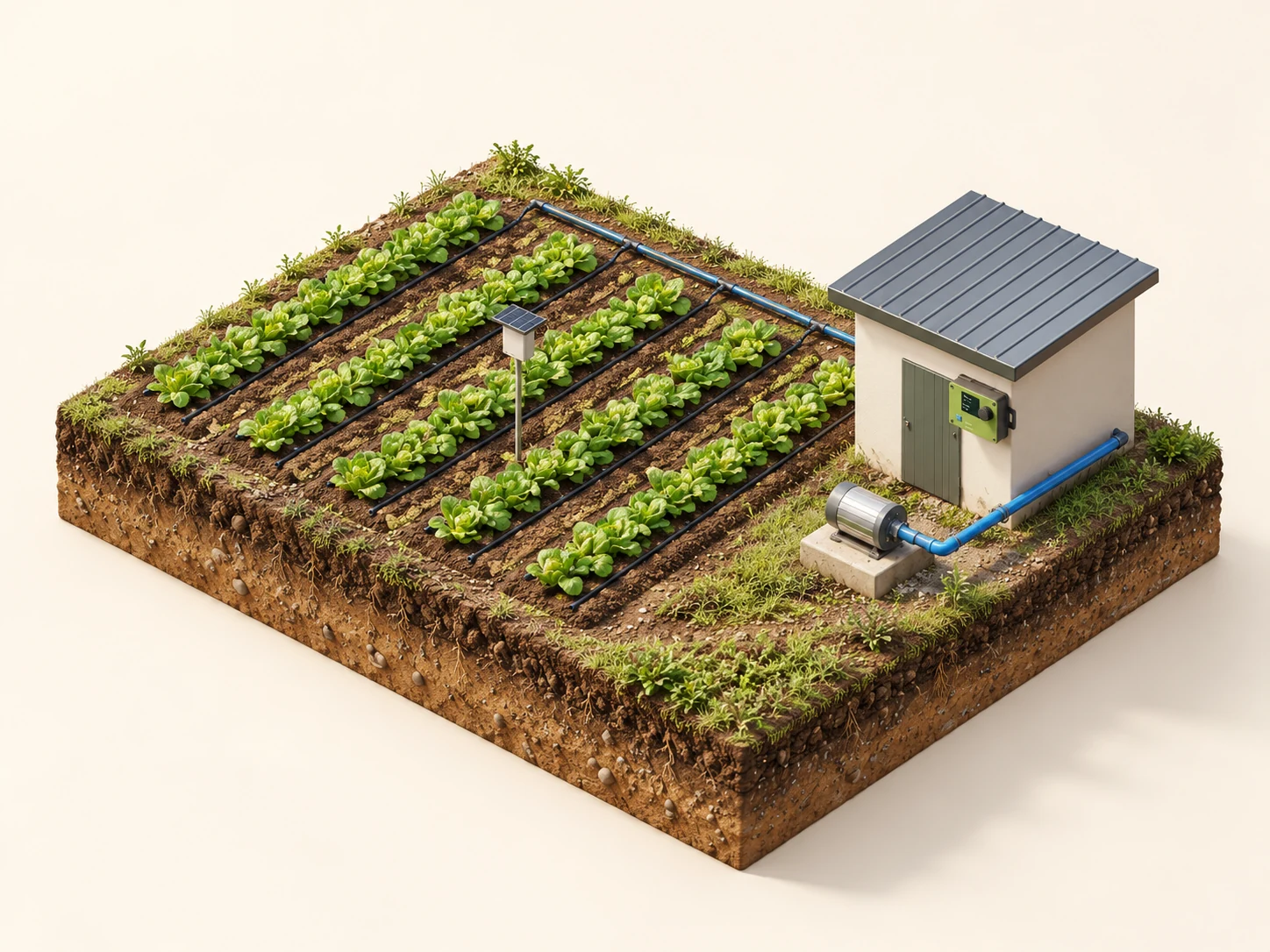 Illustrative vegetable plot with a field node, gateway on the pump house, and irrigation pipes