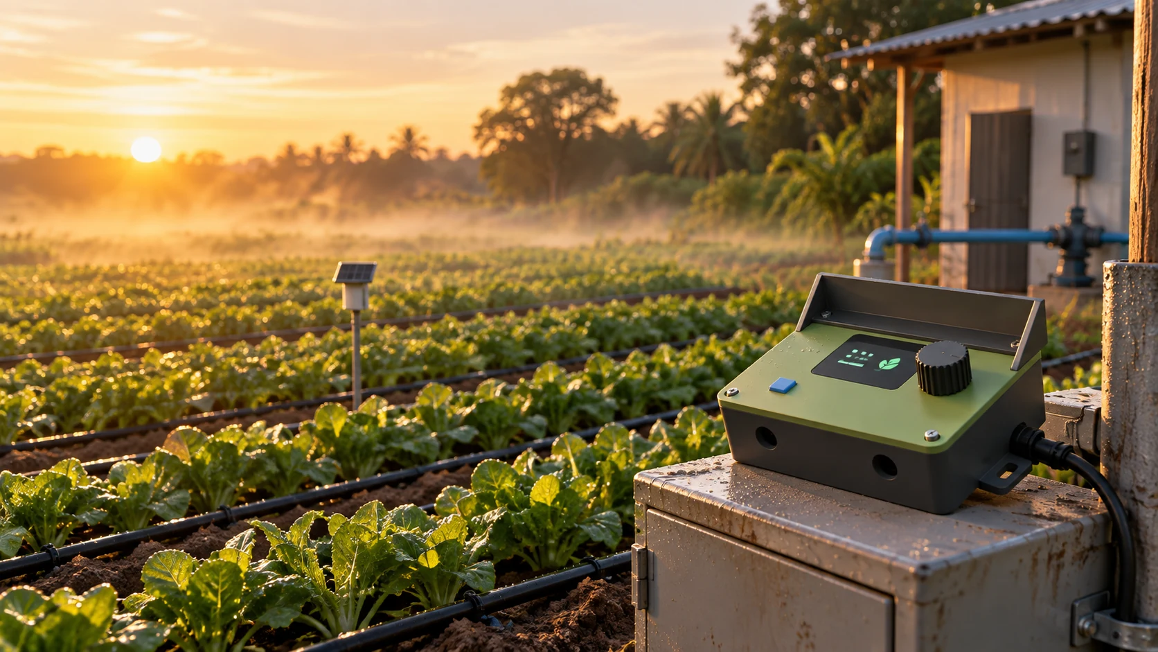 Illustration of the FieldLink gateway beside a vegetable plot at sunrise